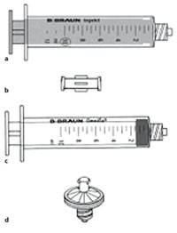 Fig. 8.8a–d. Materials for foam generation. a Injekt syringe with Luer-Lock 10 ml for foam generation,b Combidyn adapter, f/f, for the safe connection of the syringes during foam generation, c Omnifix syringe with Luer-Lock 10 ml, for foam generation, d Sterifix 0.2 -μm sterile filter (Personal communication from J-C.G.R. Wollmann M.D.)